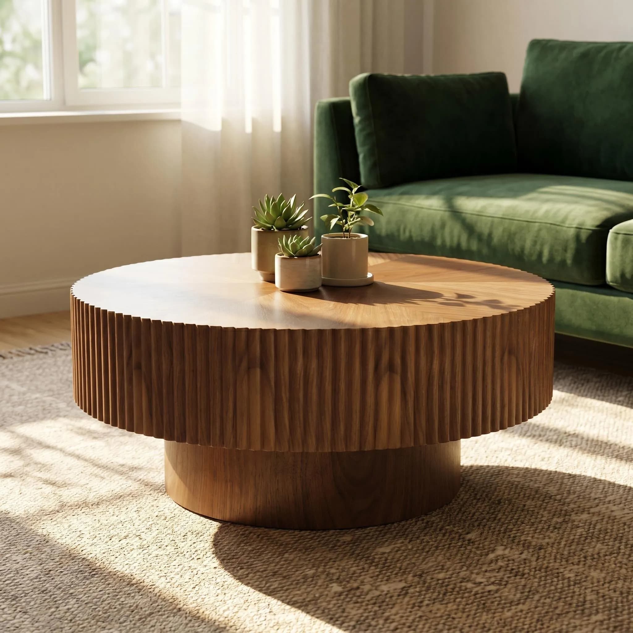 31.49'' Round Coffee Table Small Coffee Table for Apartment, Modern Living Room Coffee Table with Sturdy Pedestal,WALNUT