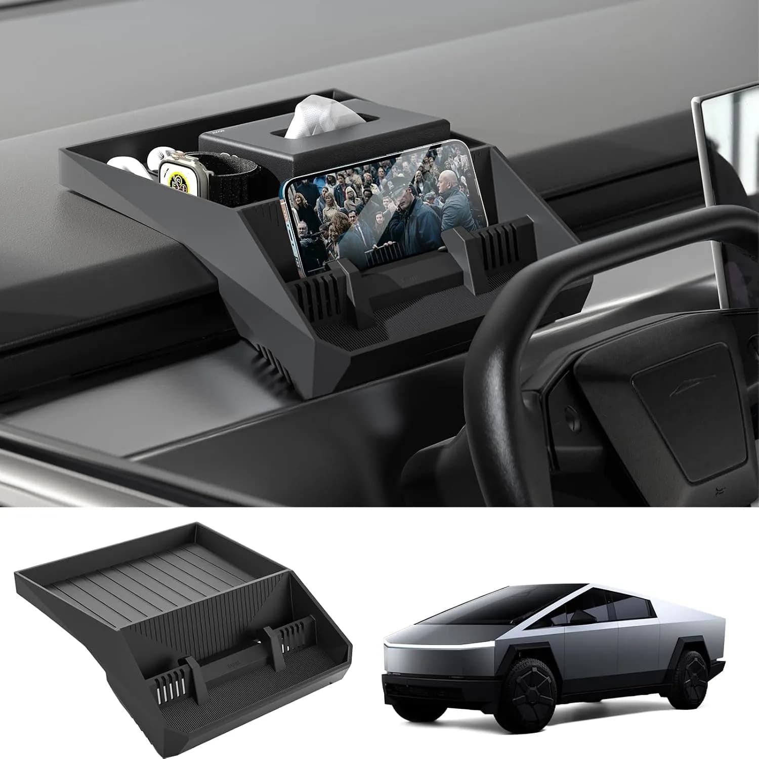 for 2024 Tesla Cybertruck Center Console Organizer - Hidden Behind-Screen Storage Tray, Dashboard Caddy, Silicone Sunglasses Holder, Black Interior Accessories