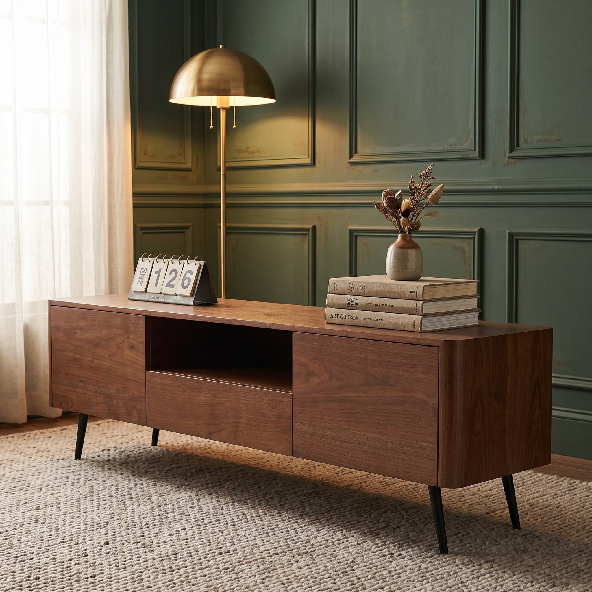 70.8-inch walnut TV stand, suitable for televisions up to 85 inches, featuring enclosed storage and cable management, soft-close hinges and iron legs, ideal for the living room RR
