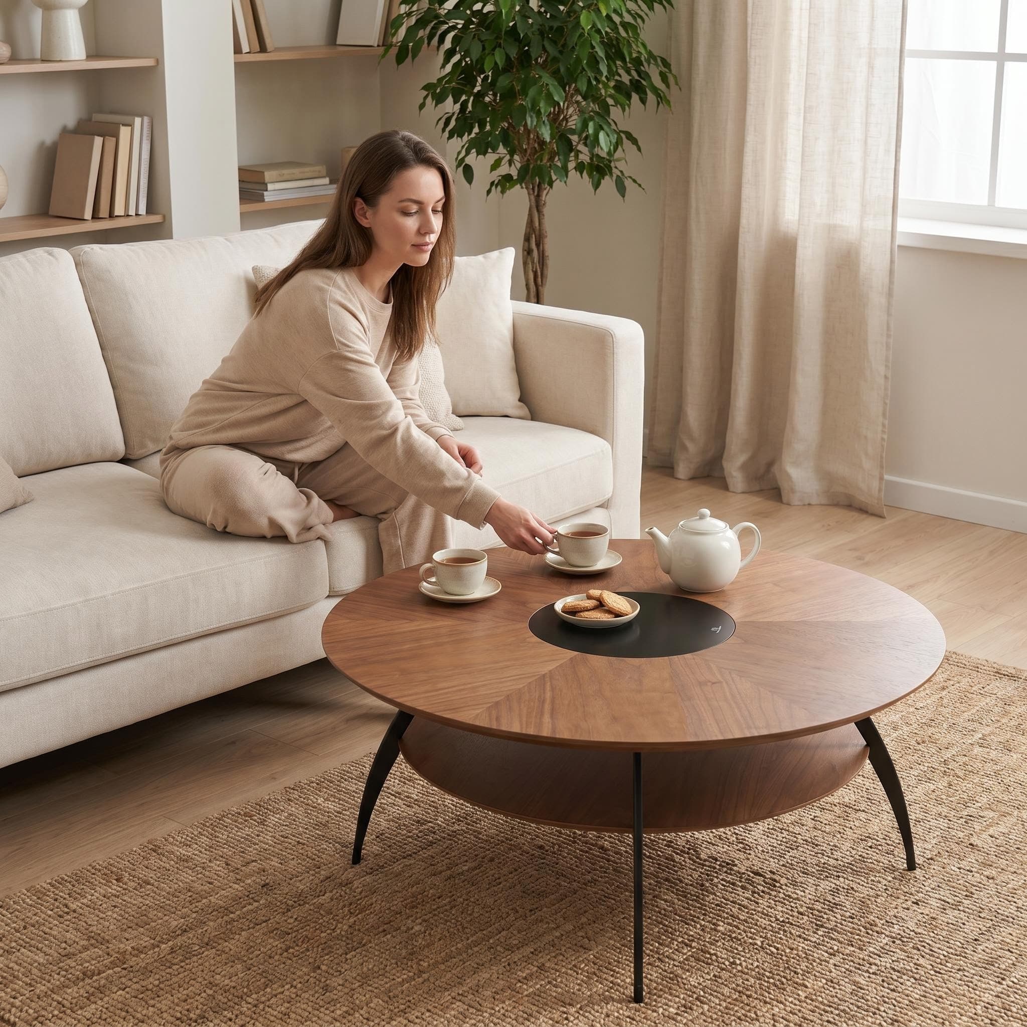 3.54-inch round coffee table with an inlaid glass top and carbon steel legs; walnut top and base