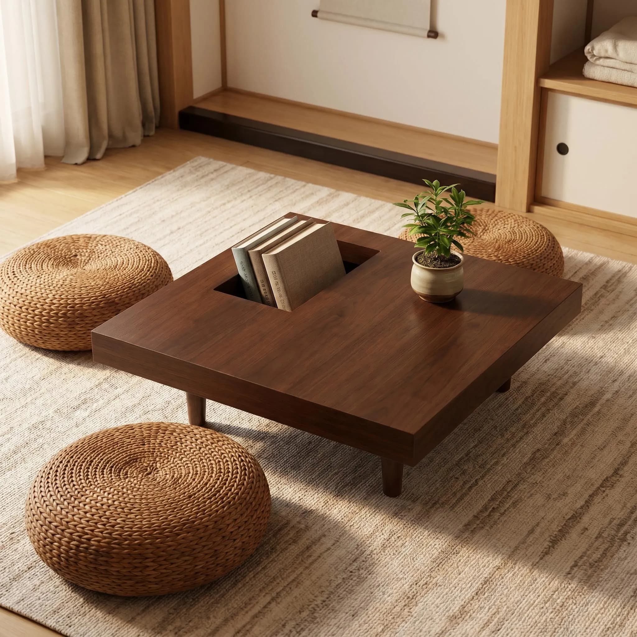 Square wooden coffee table, 34.5 inches, with storage; walnut coffee table suitable for the living room, bedroom or office