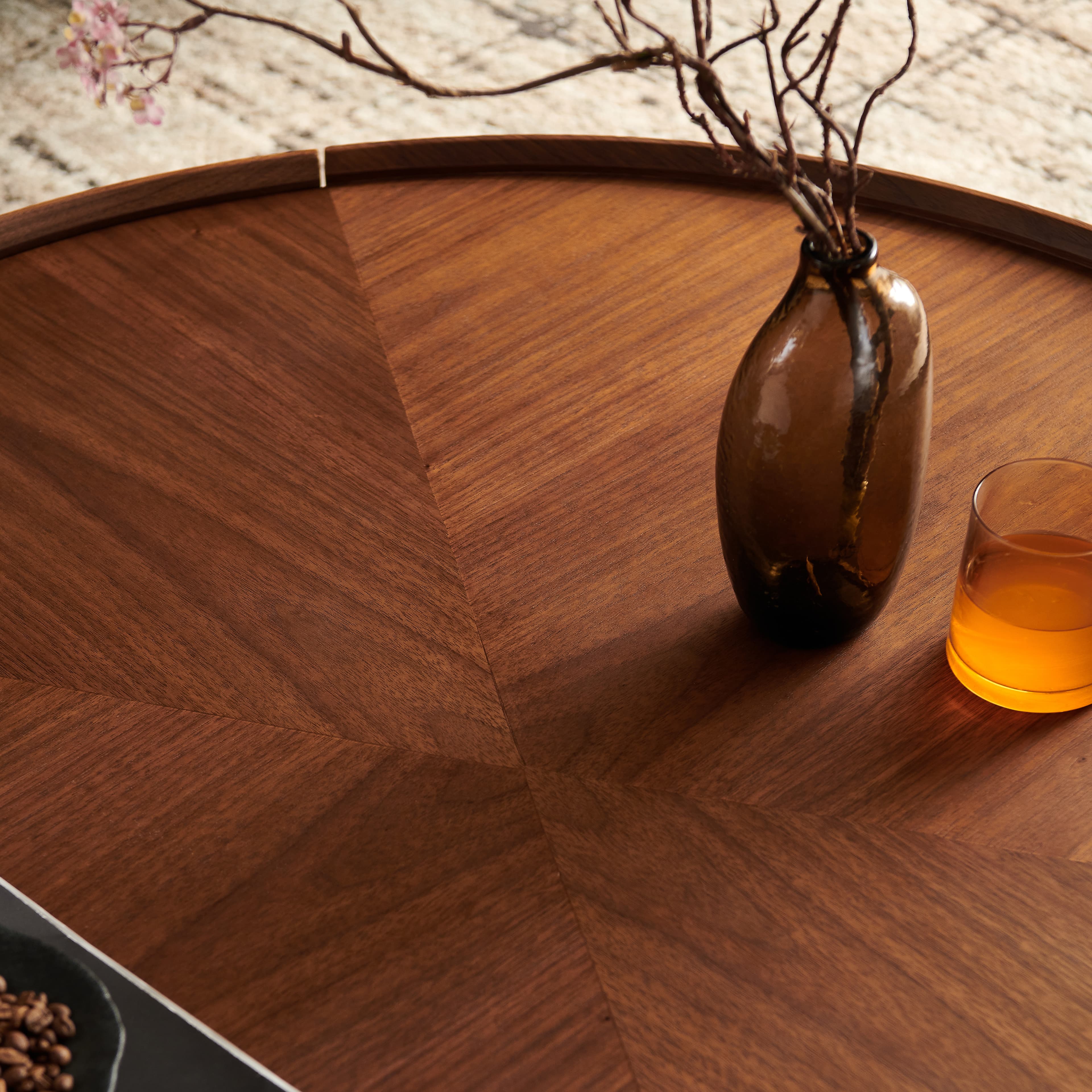 39.3-inch coffee tables, circular walnut design, suitable for living rooms, walnut material, suitable for bedrooms, living rooms, and offices