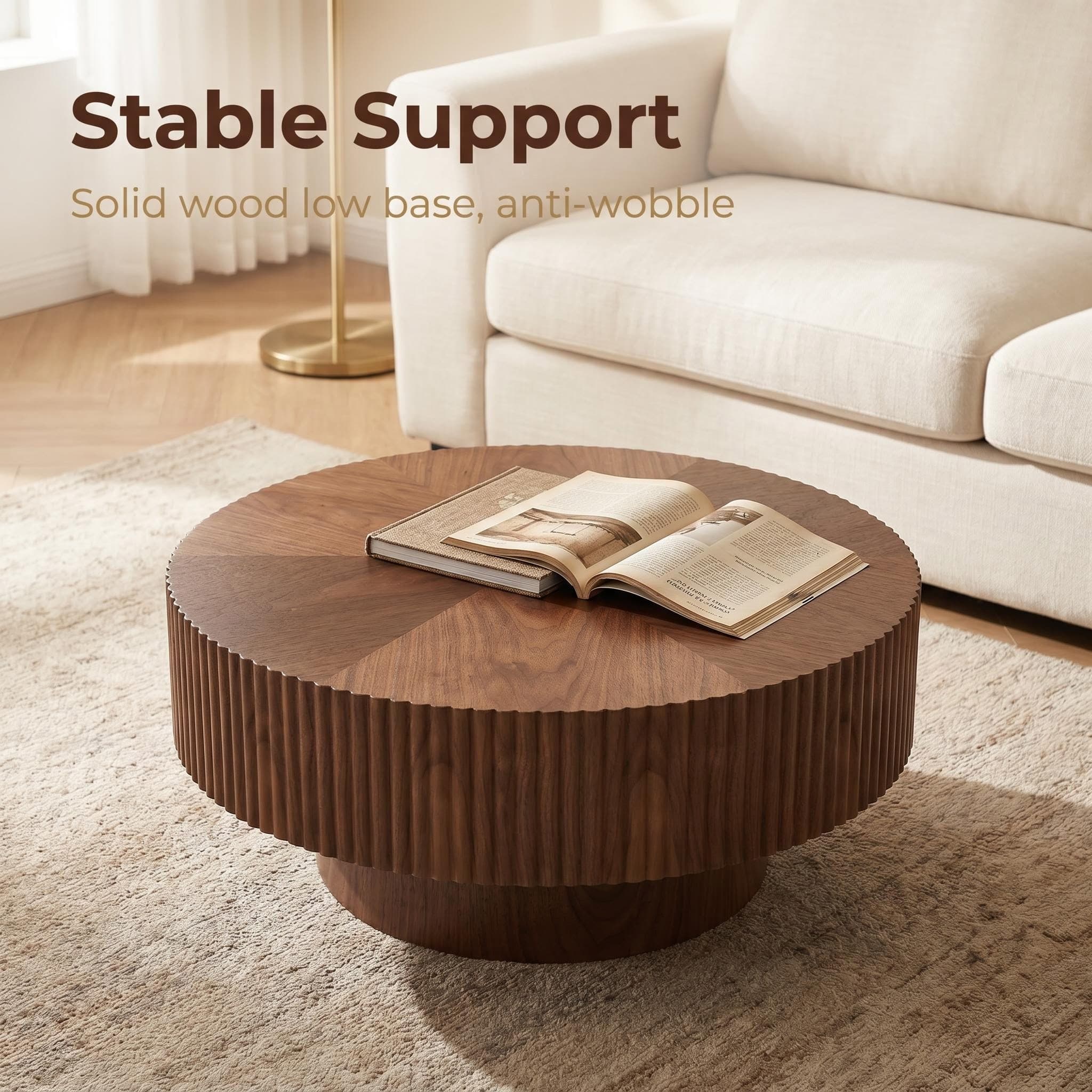 31.49'' Round Coffee Table Small Coffee Table for Apartment, Modern Living Room Coffee Table with Sturdy Pedestal,WALNUT
